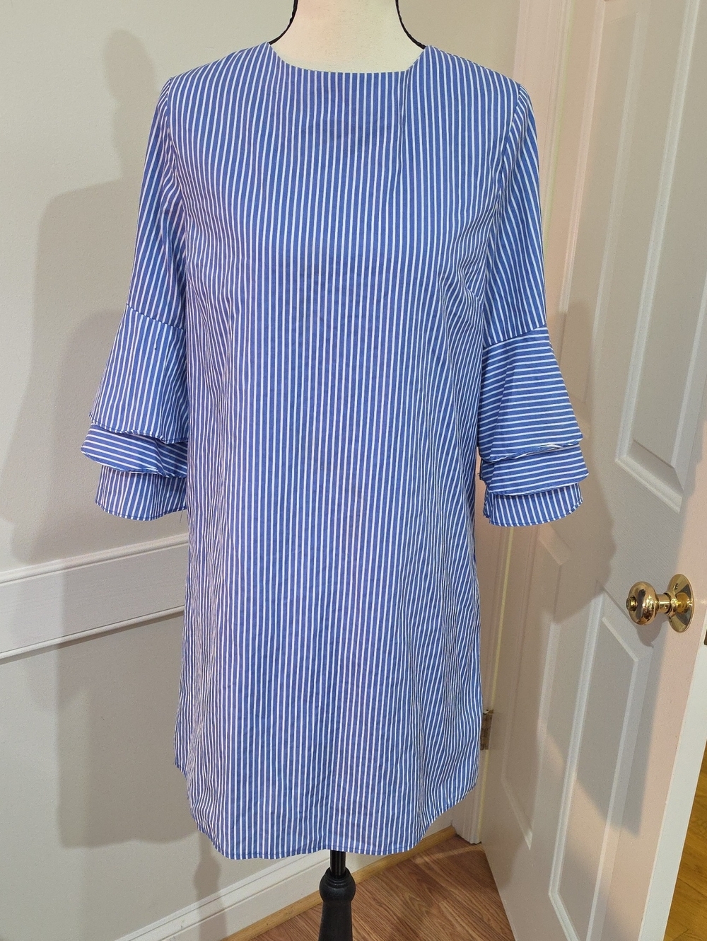 Bleuh Ciel Blue and White Vertical Pinstriped Bell Sleeve Tunic Dress - Size M